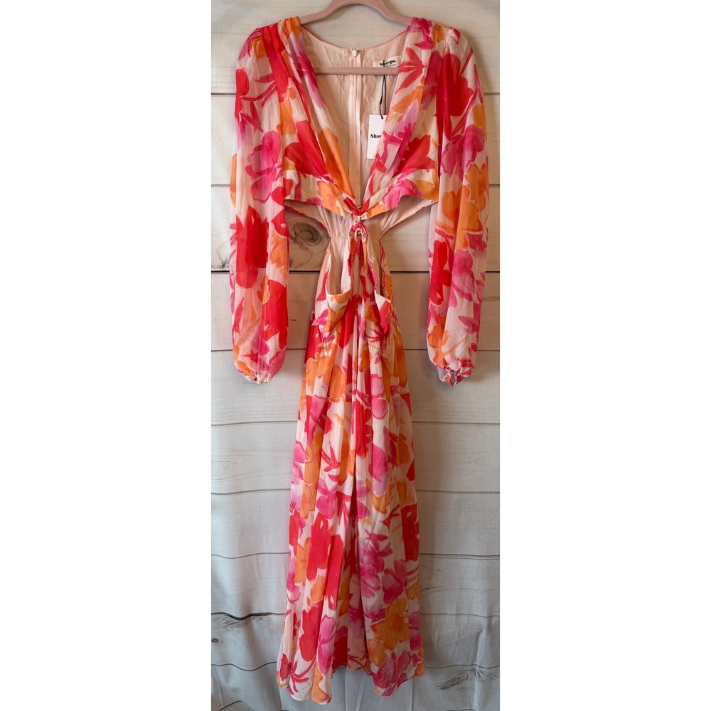 Showpo Emilee Maxi Dress Pink Floral Side Cut Out Long Sleeve Plunge US 8 NEW